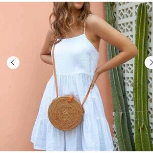 amerii Ata Round Straw Bag With Leather Strap Crossbody Gorgeous Interior